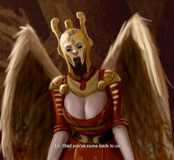 1girls armor big_breasts cleavage clothed dialogue eir_(god_of_war) feathered_wings female_only first_person_view first_porn_of_character god_of_war god_of_war_ragnarok imminent_sex large_breasts mask norse_mythology pale_skin pensubz pov showing_breasts solo_female text valkyrie wings