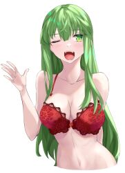 1girls ;d bangs bare_arms bare_shoulders blush bra breasts chuu_(rinet) collarbone commentary_request female female_only fire_emblem fire_emblem:_shadow_dragon_and_the_blade_of_light green_eyes green_hair hair_between_eyes highres large_breasts light-skinned_female long_hair looking_at_viewer navel nintendo one_eye_closed open_mouth pale-skinned_female palla_(fire_emblem) red_bra simple_background smile solo solo_female stomach underwear underwear_only upper_body very_long_hair white_background