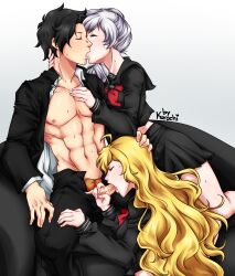 artist_request blowjob cfnm clothed_female_nude_male cock_worship crossover dick fellatio female femdom male muscular_male one_piece open_shirt portgas_d_ace room rwby school_uniform schoolgirl straight submissive_male trio weiss weiss_schnee yang_xiao_long