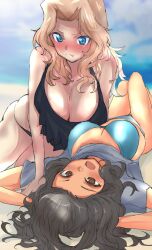 2girls arm_support arms_behind_head beach bikini black_bikini black_hair blonde_hair blue_bikini blue_eyes blue_sky blurry blurry_background blush breasts brown_eyes cleavage closed_mouth commentary day depth_of_field el_(girls_und_panzer) english_commentary female female_only frown girls_und_panzer hair_intakes kay_(girls_und_panzer) kneeling kyougi_sharyou large_breasts leaning_forward long_hair looking_at_another lying multiple_girls on_back outdoors sky smile swimsuit