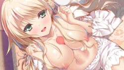 :d bangs blonde_hair blue_bra blue_hair blush bra bra_pull breasts breasts_squeezed_together censored clothes_pull disembodied_penis female floating_hair game_cg green_eyes groin hair_between_eyes highres hirohashi_runa ichizu_na_kanojo_to_koi_shitai large_breasts long_hair long_sleeves mosaic_censoring multicolored_hair nipples open_mouth paizuri penis shiny shiny_hair short_shorts shorts sitting smile solo_focus straight streaked_hair thigh_gap tsukimori_hiro underwear very_long_hair white_shorts