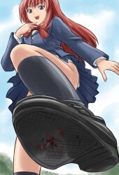 blood chijinda_you crushing death giant giantess kneehighs looking_down non-web_source ochiko ochiko_terada red_hair school_uniform shoe_soles shukushou_gakuen smug socks upskirt vice_director_(shukushou_gakuen)