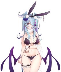 1girls bare_shoulders big_breasts bikini blue_hair bunny_ears cleavage covered_eye dragon_girl dragon_wings elira_pendora exposed_shoulders eye_covered female female_only fluffy_collar frilled_bikini hair_accessory hair_covering_eye hair_over_one_eye hair_ribbon hair_wings handwear head_wings hip_wings k_(m_r_b/nkmmktwt/ꓘ) light-skinned_female light_skin nijisanji nijisanji_en one_eye_covered one_eye_obstructed solo thigh_gap thigh_strap virtual_youtuber white_background x_hair_ornament