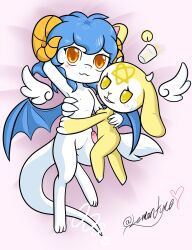 absurd_res anthro aurawing_(aurawing) blue_hair bovid caprine caprine_demon demon dragon duo female futanari genitals goat_demon hair hi_res intersex lemonade_baphomet lemontyne mammal nude penis pussy white_body yellow_body young