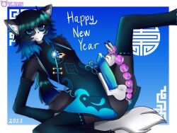 2023 airiin220 anal anal_beads black_fur black_hair blue_eyes blue_hair blue_penis chinese_clothes cum cyberairiin220 erection feline furry lube male_only masturbation oc original_character penis stockings suishou_ato text white_fur