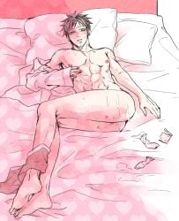 abs after_anal after_sex barefoot blush condom condom_wrapper cum cum_in_ass cum_inside cum_on_ass full_body male male_only on_back on_bed on_side one_piece open_shirt pink_theme solo sweat toned toned_male trafalgar_law underwear_down used_condom utsutsu