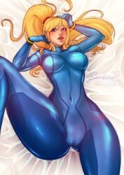 blonde_hair blue_eyes bodysuit cameltoe laying_on_bed metroid nintendo samus_aran shiny_clothes skin_tight snaexist sorbae zero_suit zero_suit_samus