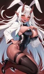 akumi bunnysuit female oni oni_horns pretty_mundane red_skin scars virtual_youtuber vyugen white_hair