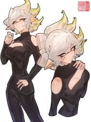 black_outfit boob_window flyingfrappe hand_on_breast marie_(splatoon) pointy_ears splatoon white_hair yellow_eyes