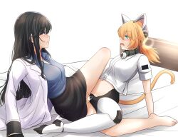 2girls animal_ears bangs betty_(girls'_frontline_nc) black_hair blue_eyes blush cat_ears commission female female_only female_professor_(girls'_frontline_nc) girls'_frontline girls'_frontline_neural_cloud highres kurosawa_karura long_hair multiple_girls oerba_yun_fang open_mouth orange_hair parted_lips professor_(girls'_frontline_nc) skeb_commission tail tongue tribadism tribadism_through_clothes yuri