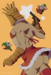 armor ass bean_souls big_ass bra bubble_butt chibi chosen_undead christmas christmas_outfit crossdressing dark_souls fromsoftware fur_collar fur_trim gauntlets gun helmet knight knight_lautrec_of_carim male male_only muscular muscular_male nipple_slip pecs rear_view red_bra red_legwear red_thighhighs sidepec skirt solaire_of_astora solo_focus thighhighs upskirt weapon yellow_background