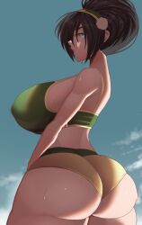 1girls ass avatar_the_last_airbender big_ass big_breasts breasts bubble_ass bubble_butt huge_ass huge_butt large_breasts sweatdrop sweatdrops swimsuit techstylesart thick_ass toph_bei_fong