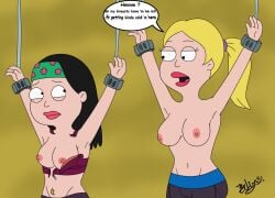 2girls accurate_art_style american_dad belly belly_piercing big_breasts bilions black_hair blonde_hair bondage bondage_harness bottomwear breasts busty camel_toe cameltoe duo female female_only fit_female francine_smith full_color gym_clothes half-closed_eye half-dressed half_naked half_nude hayley_smith headband incest milf mother_and_daughter multiple_girls no_bra pink_nipples purple_panties small_areola small_breasts speech_bubble sports_bra sports_bra_lift sportswear stomach_piercing tied_hair tied_hands tied_up torn_clothes torn_clothing worried worried_expression worried_face worried_look yellow_background yoga_pants younger_female