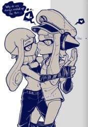 2girls agent_3_(splatoon) artist_request blush captain_(splatoon_3) female female_only grinding kissing lesbian_kiss multiple_girls new_agent_3_(splatoon) nintendo questionable_consent shaking splatoon splatoon_3 tagme yuri