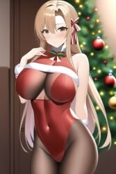 1girls ai_generated alluring auburn_hair big_breasts brown_eyes christmas christmas_leotard christmas_tree nightcore_(artist) pantyhose stable_diffusion sword_art_online yuuki_asuna