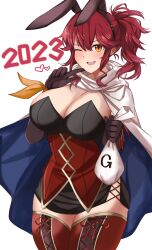 1girls 2023 ;d absurdres alternate_costume animal_ears anna_(fire_emblem) anna_(fire_emblem_heroes) bag bangs bare_thighs black_dress black_gloves blue_cape blush boots breasts bunny_ears bunny_girl bunnysuit cape chinese_zodiac cleavage commentary_request dress elbow_gloves fake_animal_ears female female_only finger_to_chin finger_to_mouth fire_emblem fire_emblem_heroes gloves hair_between_eyes heart highres holding huge_breasts index_finger_raised large_breasts long_hair looking_at_viewer medium_hair money money_bag new_year nintendo one_eye_closed open_mouth orange_eyes playboy_bunny ponytail rabbit_ears red_hair red_thighhighs sidelocks simple_background smile solo teeth thick_thighs thigh_boots thighhighs thighs toshimasa toshimasa_(ztvy3575) two-tone_cape upper_teeth_only white_cape wink year_of_the_rabbit