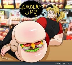 1boy alduinafterdark alduingijinka ass bara barazoku blonde_hair boob_burger burger cum dialogue dio_brando employee_uniform english_text fast_food fast_food_uniform femboy food_in_ass food_on_body gay hamburger huge_ass jojo's_bizarre_adventure legwear lipstick long_hair looking_at_viewer male male_only penis ponytail smile solo testicles uniform yaoi your_order_is_ready_(meme)