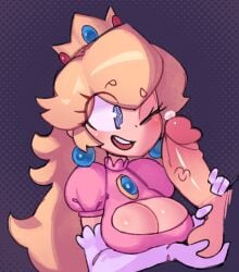 1boy 1girls balls big_breasts blonde_hair blue_eyes blush cleavage cleavage_cutout clothed cragscleft crown earrings elbow_gloves faceless_male gloves hair_ornament holding_penis long_hair looking_at_penis mario_(series) nintendo one_eye_closed partially_clothed penis ponytail precum princess_peach smile white_gloves