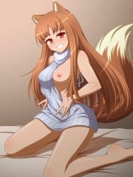 1girls animal_ears bed breasts brown_hair female holo long_hair looking_at_viewer nipples red_eyes spice_and_wolf sweater tail wolf_ears wolf_girl wolf_tail zetsumu ztm