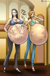 2girls belly big_belly big_breasts bikini black_hair breasts cleavage clothing crazyphil200809 female female_only large_breasts nami nico_robin one_piece orange_hair post-timeskip same_size_vore swimsuit vore vore-fan-comics