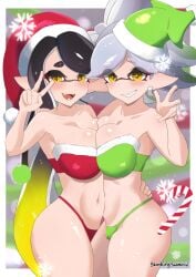 2girls big_breasts bikini breast_squeeze callie_(alterna) callie_(splatoon) christmas digital_drawing_(artwork) digital_media_(artwork) female female_only gesture looking_at_viewer marie_(splatoon) open_mouth peace_sign santa_hat skankingsalmonid small_breasts smiling smirk splatoon splatoon_(series) squid_sisters yellow_eyes