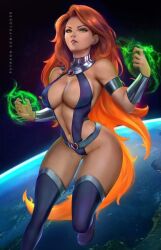 1girls alien alien_girl big_breasts boots breasts curvaceous curvy curvy_figure dc dc_comics felox08 female female_only green_eyes koriand'r orange_hair orange_skin solo starfire superheroine tamaranean teen_titans thick thick_thighs topless voluptuous voluptuous_female