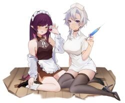 2girls blue_eyes dark_purple_hair drugs headdress light-skinned_female light_skin liora_walkyria looking_at_viewer maid_headdress maid_uniform nurse nurse_cap nurse_uniform penelope_wiseman purple_hair rimeo_(kzoc1211) sitting_on_floor symphoria syringe virtual_and_universe_(v&u) virtual_youtuber white_hair yellow_eyes