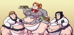 3girls big_breasts bleach huge_belly huge_thighs inoue_orihime karin_kurosaki kurosaki_karin kurosaki_yuzu obese obese_female overweight_female roxas617 weight_gain yuzu_kurosaki