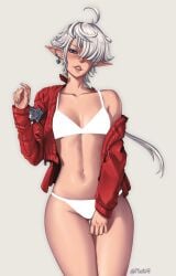 1girls alisaie_leveilleur blue_eyes earrings elezen elf elf_ears elf_female elf_girl final_fantasy final_fantasy_xiv heart-shaped_pupils jacket lipstick looking_at_viewer mootium open_jacket pale-skinned_female red_clothing square_enix thick_thighs undressed undressing white_background white_bra white_hair white_underwear