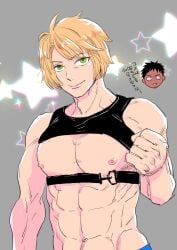 abs bishonen bishounen blonde_hair bob_cut cleavage green_eyes gyogyogyotto harness imai_cosmo japanese_text kengan_(series) kengan_ashura looking_at_viewer male male_only muscular muscular_male nishihonji_akira pecs smile solo_focus upper_body