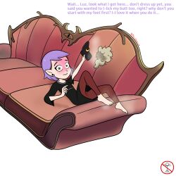 1girls amity_blight blush blushing couch embarrassed english_text feet feet_up female female_only foot_fetish on_couch p1g30n_g1rl purple_hair shoes_removed smelly smelly_feet smiling smiling_at_partner solo staring_at_partner text the_owl_house