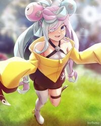 arthur_ko asashimo_(kantai_collection) bike_shorts black_shorts black_skirt blush character_hair_ornament collarbone cosplay female grey_eyes grey_hair grey_pantyhose hair_ornament hair_over_one_eye hexagon_print highres iono_(pokemon) iono_(pokemon)_(cosplay) jacket kantai_collection long_hair multicolored_hair open_mouth pantyhose pink_hair pokemon pokemon_(game) pokemon_sv shorts single_leg_pantyhose skirt sleeves_past_fingers sleeves_past_wrists solo standing standing_on_one_leg twitter_username two-tone_hair white_footwear wide_sleeves yellow_jacket