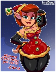 activision artist_name breasts christmas christmas_outfit cleavage elora faun female female_focus female_only freckles freckles_on_breasts freckles_on_face holidays imadeej mistletoe pointy_ears red_hair santa_hat smile snow spyro_the_dragon text thick_thighs thighs