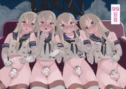 4boys blush chastity chastity_cage couch crossdressing cum cute embarrassed femboy flat_chastity_cage girly horny human japanese_text leaking_precum male male_only partially_clothed sannbukousaku shimakaze_(kantai_collection)_(cosplay) sissy small_penis tagme text thick_thighs thighhighs translation_request uncensored yaoi