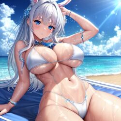 1girls ai_generated armpits arms bathing_suit bathingsuit beach beach_background beach_towel belly belly_button bikini bikini_bottom bikini_top blue_eyes blue_sky blue_towel blue_water bunny_ears bunny_girl bunnysuit cleavage clouds curvy_figure daytime deep_cleavage drip dripping droplet droplets ears eyebrows eyebrows_visible_through_hair eyelashes eyes female_focus female_only hands legs long_hair looking_at_viewer nose ocean rabbit_ears rabbit_girl sand sky stable_diffusion stomach sun sunny tagme thick_thighs thighs towel underboob voluptuous_female water_drop water_droplets water_drops wet white_bikini white_bikini_bottom white_bikini_top white_clouds white_hair