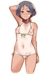 1girls animal_ears arm_up armpits bandaid bandaid_on_face bar_censor bikini black_hair blue_eyes blush brave_witches breastless_bikini breastless_clothes breasts censored collar crotchless crotchless_bikini cupless_bikini dog_ears em_(totsuzen_no_hakike) female green_bikini kanno_naoe navel nipples pussy shiny shiny_hair shiny_skin short_hair simple_background small_breasts smile solo standing sweat swimsuit tan tanline tanlines white_background world_witches_series