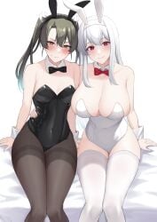 2girls alternate_costume animal_ears arm_around_waist asymmetrical_bangs bangs bare_shoulders bed_sheet black_bow black_bowtie black_leotard black_pantyhose blush bow bowtie breasts brown_eyes bunny_ears bunnysuit cleavage collarbone covered_navel dark_green_hair detached_collar fake_animal_ears female female_only frown hair_ribbon highres kantai_collection large_breasts leotard long_hair looking_at_viewer multiple_girls pantyhose playboy_bunny rabbit_ears red_bow red_bowtie red_eyes ribbon shoukaku_(kantai_collection) sitting size_difference small_breasts smile straight_hair sweatdrop takaman_(gaffe) thighband_pantyhose thighhighs twintails white_background white_hair white_leotard white_ribbon white_thighhighs white_wrist_cuffs zuikaku_(kantai_collection)