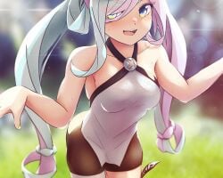 arthur_ko asashimo_(kantai_collection) bike_shorts black_shorts black_skirt blush character_hair_ornament collarbone cosplay female grey_eyes grey_hair grey_pantyhose hair_ornament hair_over_one_eye hexagon_print highres iono_(pokemon) iono_(pokemon)_(cosplay) kantai_collection long_hair multicolored_hair open_mouth pantyhose pink_hair pokemon pokemon_(game) pokemon_sv shorts single_leg_pantyhose skirt solo standing standing_on_one_leg twitter_username two-tone_hair white_footwear