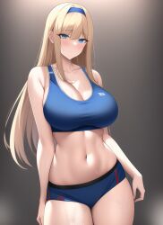 1girls ai_generated alice_schuberg alluring big_breasts blonde_hair blue_eyes cleavage female gym_shorts legs nightcore_(artist) sports_bra sword_art_online