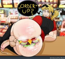 1boy alduinafterdark alduingijinka ass bara barazoku blonde_hair boob_burger burger cum dialogue dio_brando employee_uniform english_text fast_food fast_food_uniform femboy food_in_ass food_on_body gay hamburger huge_ass jojo's_bizarre_adventure legwear lipstick long_hair looking_at_viewer male male_only penis ponytail smile solo steam steaming_body sweat sweaty_butt testicles uniform yaoi your_order_is_ready_(meme)