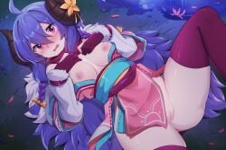 blush blushing breasts embarrassed female horn horns kindred league_of_legends medium_breasts pussy sollyz solo spirit_blossom_kindred thick_thighs thighhighs