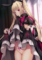 bangs black_bow black_ribbon blazblue blonde_hair blunt_bangs blush bottomless bow bowtie breasts censored commentary_request daiaru detached_sleeves dress eyes_visible_through_hair female frilled_dress frilled_sleeves frills gothic_lolita hairbow highres large_bow lifted_by_self lolita_fashion long_hair mosaic_censoring navel pubic_tattoo pussy rachel_alucard red_bow red_eyes ribbon small_breasts smile solo tattoo twintails very_long_hair wide_sleeves