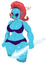 1girls 2d alex9343 black_clothing blue_body bra breasts female panties pixel_art pose red_hair smug solo spear tagme thighs undertale undertale_(series) underwear undyne