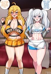 2girls ahoge alternate_hairstyle athletic athletic_female big_breasts blonde_hair blue_eyes breast_size_difference breasts busty cheerleader cheerleader_uniform child_bearing_hips dialogue english_text facial_scar female hips huge_breasts light-skinned_female light_skin long_hair massive_breasts midriff navel purple_eyes rwby short_skirt skirt slim_waist small_breasts smile tabletknight thick_thighs thighs toned twintails voluptuous weiss_schnee white_hair wide_hips yang_xiao_long