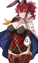 1girls ;d absurdres alternate_costume animal_ears anna_(fire_emblem) anna_(fire_emblem_heroes) bag bangs bare_thighs black_dress black_gloves blue_cape blush boots breasts bunny_ears bunny_girl bunnysuit cape chinese_zodiac cleavage commentary_request dress elbow_gloves fake_animal_ears female female_only finger_to_chin finger_to_mouth fire_emblem fire_emblem_heroes gloves hair_between_eyes highres holding huge_breasts index_finger_raised large_breasts long_hair looking_at_viewer medium_hair money money_bag new_year nintendo one_eye_closed open_mouth orange_eyes playboy_bunny ponytail rabbit_ears red_hair red_thighhighs sidelocks simple_background smile solo teeth thick_thighs thigh_boots thighhighs thighs toshimasa toshimasa_(ztvy3575) two-tone_cape upper_teeth_only white_cape wink year_of_the_rabbit