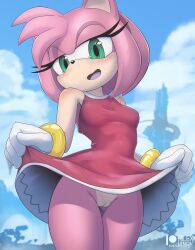 2020s 2022 amy_rose artist_logo blush breasts female gloves green_eyes handwear hi_res jewelry no_panties pink_fur png red_skirt rilex_lenov sega short_hair skirt_lift small_breasts sonic_(series) sonic_frontiers upskirt vagina young