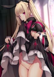 bangs black_bow black_ribbon blazblue blonde_hair blunt_bangs blush bottomless bow bowtie breasts censored commentary_request daiaru detached_sleeves dress eyes_visible_through_hair female frilled_dress frilled_sleeves frills gothic_lolita hairbow highres large_bow lifted_by_self lolita_fashion long_hair mosaic_censoring navel pussy rachel_alucard red_bow red_eyes ribbon small_breasts smile solo twintails very_long_hair wide_sleeves