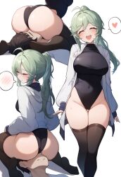 1boy 1girls :d ^_^ ass athletic_leotard black_leotard black_thighhighs blush breasts closed_eyes closed_mouth commentary covered_navel de_lacey_(girls'_frontline_nc) english_commentary facesitting female girls'_frontline_neural_cloud green_hair heart highleg_leotard highres jacket large_breasts leotard lividy long_hair multiple_views open_clothes open_jacket open_mouth ponytail sitting_on_face smile spoken_blush spoken_heart standing straight sweat thighhighs thighs white_background white_jacket