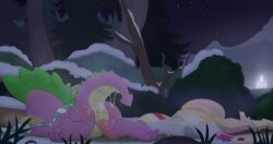 absurd_res after_sex anthro bodily_fluids book castle cum cum_in_ass cum_inside dragon dtcx97 forest friendship_is_magic genital_fluids genitals hasbro hi_res lying male my_little_pony on_front penis plant scarf sky smooth_skin snow solo spike_(mlp) star starry_sky tree