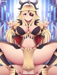 1boy 1girls alternate_costume alternate_version_available areolae areolae_slip bare_midriff bare_thighs blonde_hair blue_eyes bodystocking breasts censored cleavage commission covered_nipples cowgirl_position crotchless crotchless_panties double_v eye_patch female female_focus fire_emblem fire_emblem_fates fire_emblem_heroes grey_eyes grin high_heels inner_thighs large_breasts long_hair looking_at_viewer lumarianne20 male midriff nail_polish nintendo official_alternate_costume ophelia_(fire_emblem) ophelia_(starlit_maiden)_(fire_emblem) panties pelvic_curtain red_nails reverse_cowgirl_position sex smile solo_focus spread_legs straight thighs underwear v vaginal_penetration very_long_hair wings yellow_panties